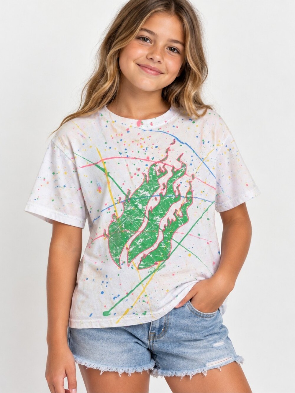 PrestonPlayz Fire Merch Paint Splatter Graphic Youth T-Shirt L White Neon